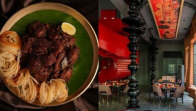 Delicious Telugu food with fried chicken, noodles, and lemon on a banana leaf at Anaganaga, Jubilee Hills.