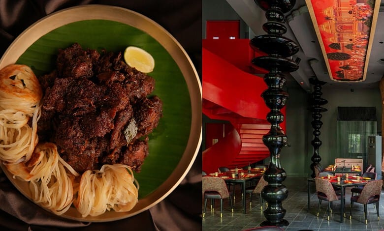 Delicious Telugu food with fried chicken, noodles, and lemon on a banana leaf at Anaganaga, Jubilee Hills.