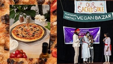 Vegan pizza with fresh ingredients at Hyderabad's vegan bazaar event.