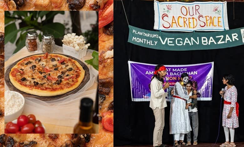 Vegan pizza with fresh ingredients at Hyderabad's vegan bazaar event.