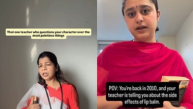Indian woman teacher questioning student about lip balm effects in classroom.