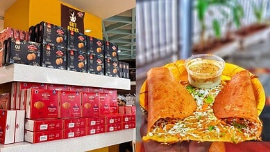 Hyderabadi snacks and sweets displayed on store shelves with a plate of samosas and chutney.