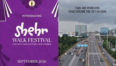 Promotional poster for Shehr Walk Festival in September 2026 with cityscape background.