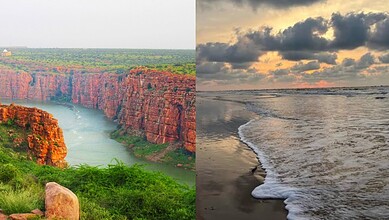 Scenic view of a river canyon and a beach with waves at sunset in Andhra Pradesh.
