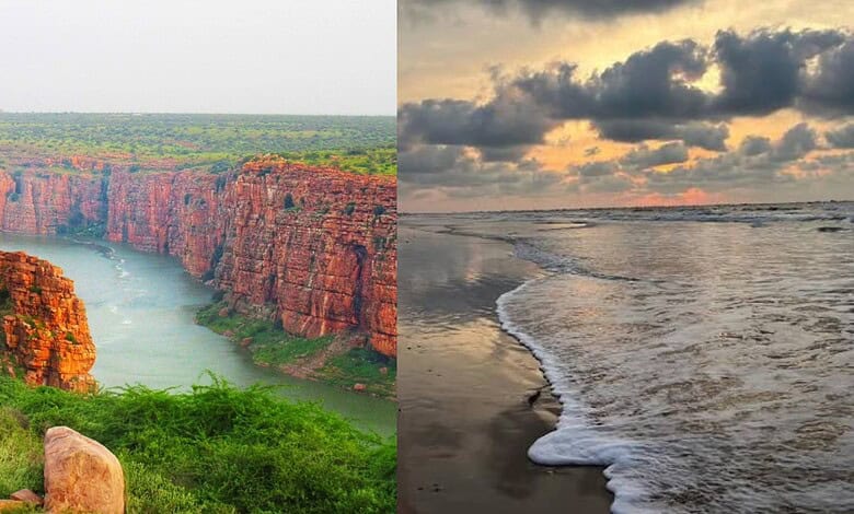 Scenic view of a river canyon and a beach with waves at sunset in Andhra Pradesh.