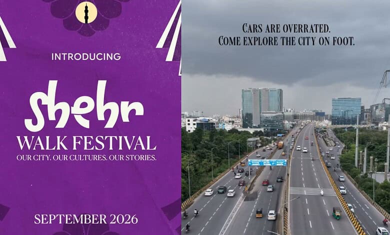 Promotional poster for Shehr Walk Festival in September 2026 with cityscape background.
