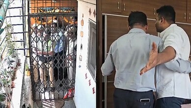 Police break gate lock and arrest BRS social media convener Krishank amid crowd outside.