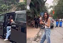 Medha Shankr seen near a black car, possibly Samay Raina's vehicle, amid dating buzz.