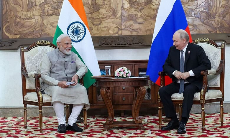Indian Prime Minister Narendra Modi and Russian President Vladimir Putin in a formal meeting.