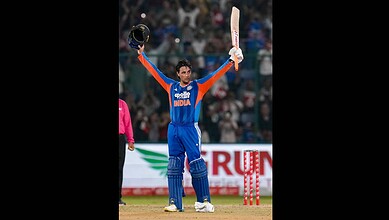 Abishek Shama celebrates his century