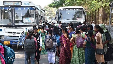Passengers getting into a TGSRTC bus (Image credit: Telangana Today)