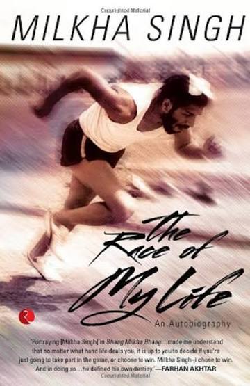 Book cover of 'The Race of My Life' by Milkha Singh, featuring a running athlete in motion.