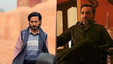 Two male characters from Raktanchal in intense scenes, one standing and one sitting in a dramatic setting.