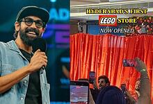 Rana Daggubati at Hyderabad's first LEGO store opening event with crowd and media coverage.