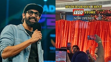 Rana Daggubati at Hyderabad's first LEGO store opening event with crowd and media coverage.