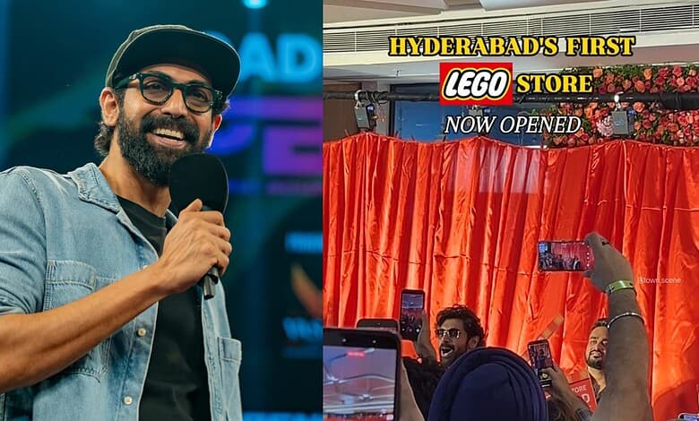 Rana Daggubati at Hyderabad's first LEGO store opening event with crowd and media coverage.