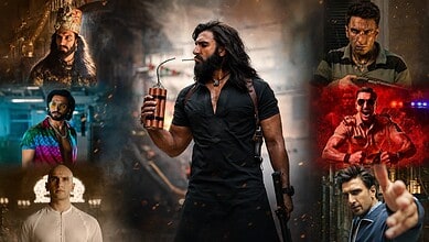 Ranveer Singh as Khilji with a fierce expression, holding a traditional weapon, in a historical setting.
