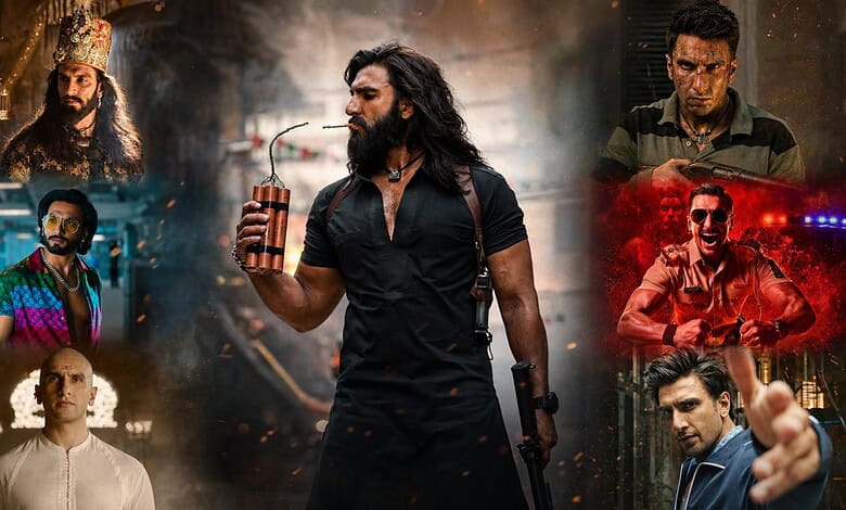 Ranveer Singh as Khilji with a fierce expression, holding a traditional weapon, in a historical setting.