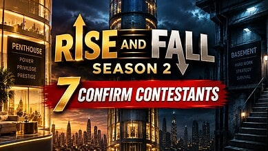 Rise and Fall Season 2 poster with city skyline and contestant info.