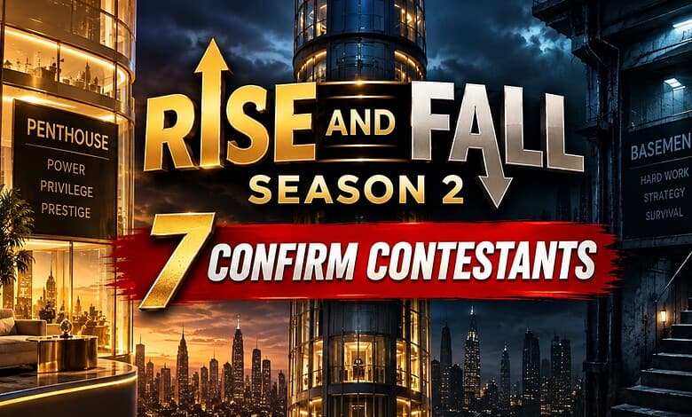 Rise and Fall Season 2 poster with city skyline and contestant info.