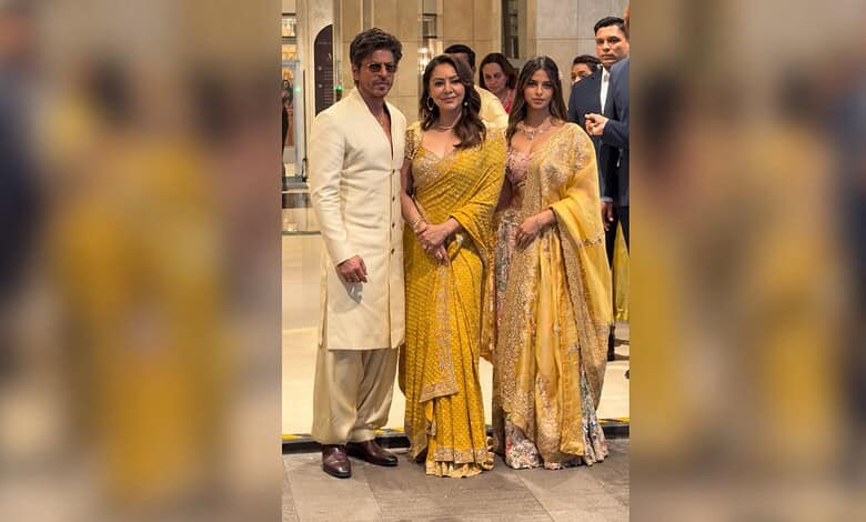 Suhana Khan with family at Mannat party in elegant yellow traditional attire.