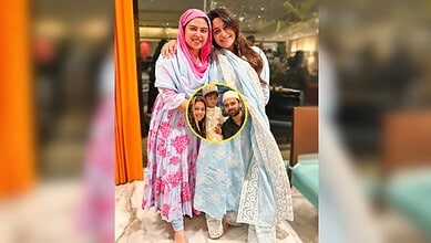 Two women in traditional attire smiling, with a small inset photo of four people.