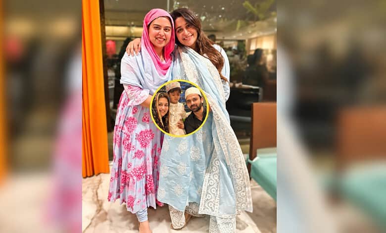 Two women in traditional attire smiling, with a small inset photo of four people.