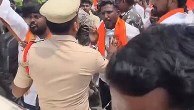 Protesters clash with police during BJP protest in Karimnagar for Ganesh immersion water demand.