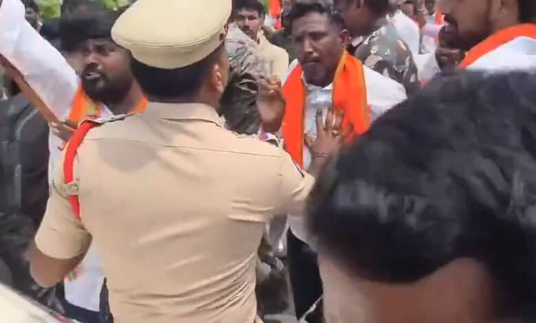 Protesters clash with police during BJP protest in Karimnagar for Ganesh immersion water demand.