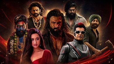 Cast of Dhurandhar 2 movie featuring diverse characters in intense poses.
