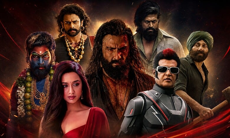 Cast of Dhurandhar 2 movie featuring diverse characters in intense poses.