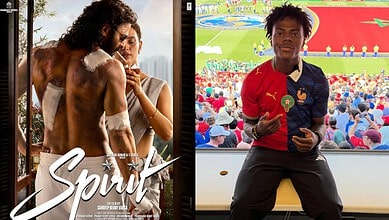 One of a movie poster for 'Spirit' and one of a young football fan at a stadium.