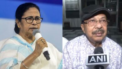Mamata Banerjee and Sharad Pawar speaking at a public event with microphones.
