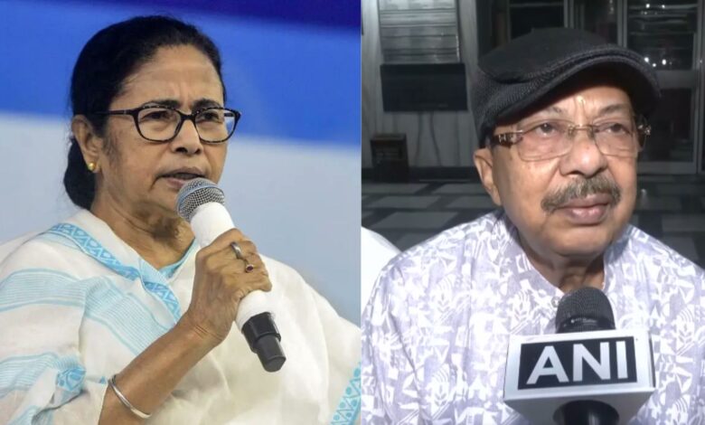 Mamata Banerjee and Sharad Pawar speaking at a public event with microphones.