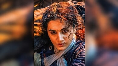 Taapsee Pannu as Gandhari in a dramatic scene from the film, with intense expression and detailed costume.