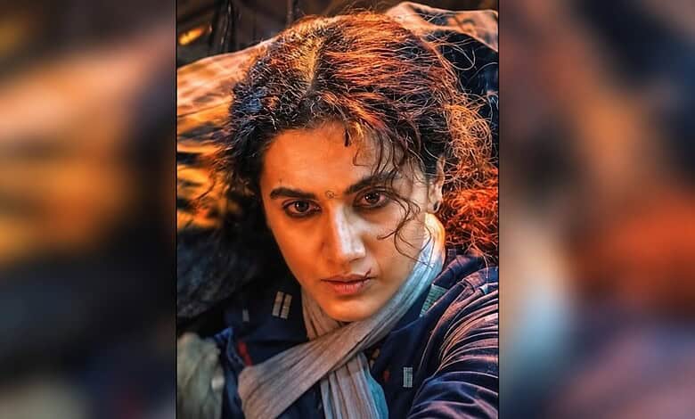 Taapsee Pannu as Gandhari in a dramatic scene from the film, with intense expression and detailed costume.