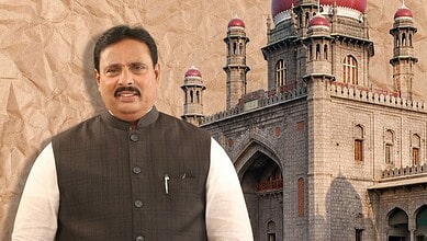 Telangana politician Danam Nagender in front of a historic castle-like structure.