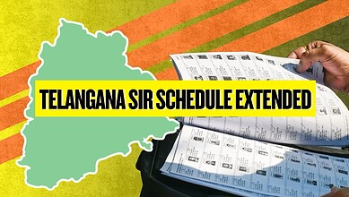 Map of Telangana with extended SIR schedule announcement in bold yellow and black text.