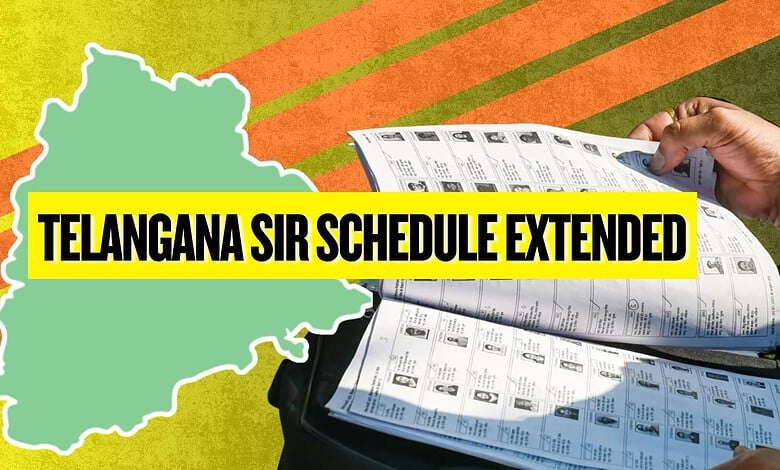 Map of Telangana with extended SIR schedule announcement in bold yellow and black text.