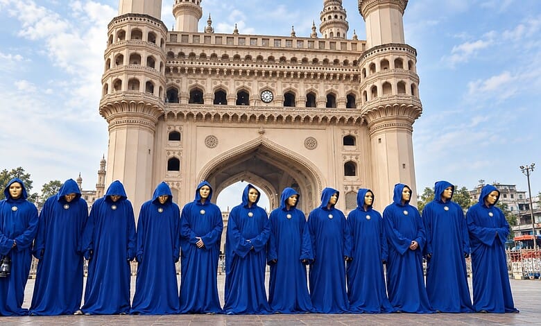 Group of people in blue robes and masks standing in front of Charminar, Hyderabad.