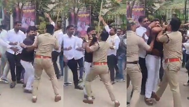 Clash between police and protesters during Youth Congress protest in Hyderabad.