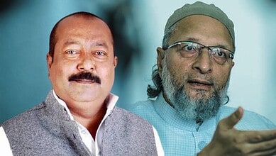 Owaisi and another man in a professional setting, discussing or addressing an issue.