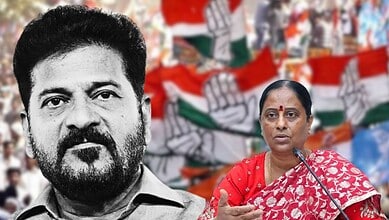 Konda Surekha speaking at a political event with Indian flags in the background.
