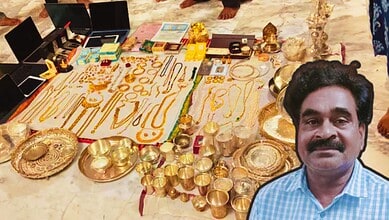 Display of gold and silver jewelry and valuables seized in DA case against TTD officer.