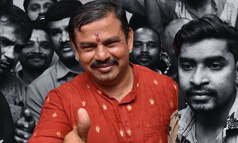 Raja Singh smiling in a red kurta amidst a crowd, with some faces in black and white.