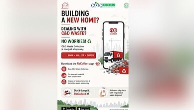 Re-collect app for construction debris disposal by CMC with mobile app image and waste collection icons.