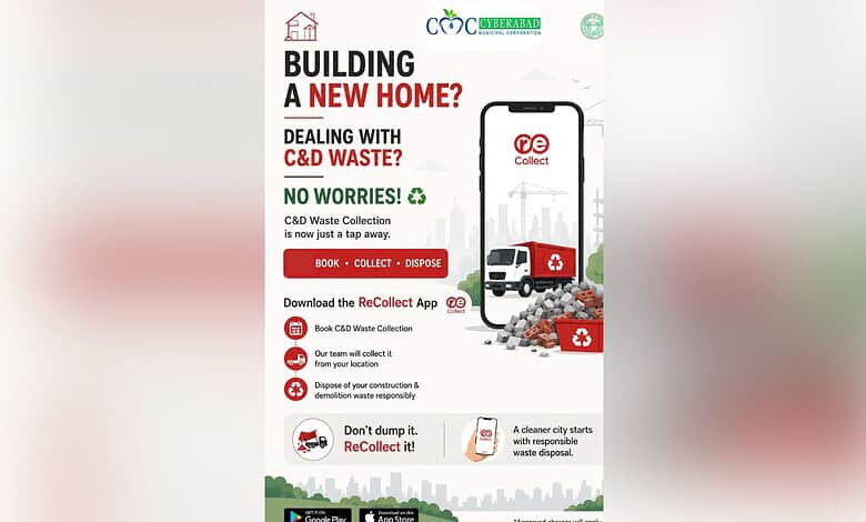 Re-collect app for construction debris disposal by CMC with mobile app image and waste collection icons.
