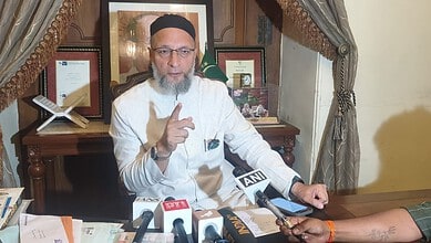 Asaduddin Owaisi addresses the media at Darussalaam.