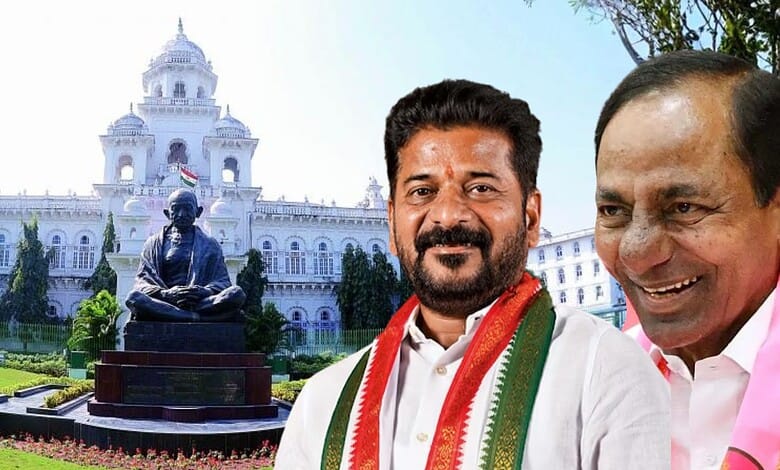 Telangana politicians at the legislative assembly with historic building in background.