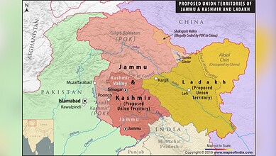Map showing Jammu & Kashmir, Ladakh, and proposed union territories of India with regional boundaries.